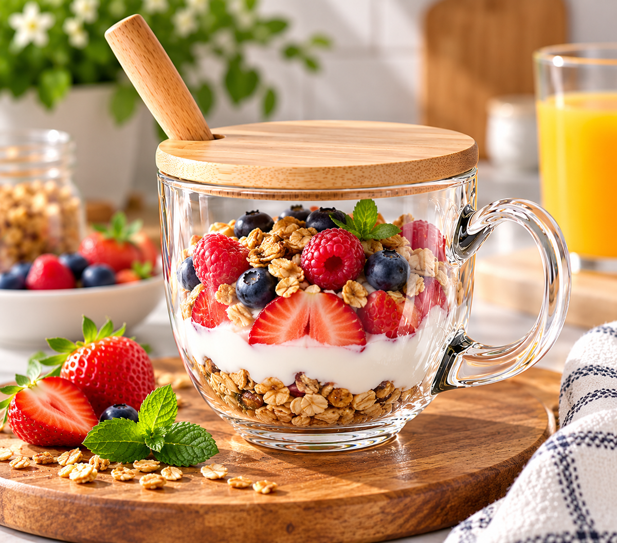 15 oz. Breakfast Glass Cup with Bamboo Lid and a spoon