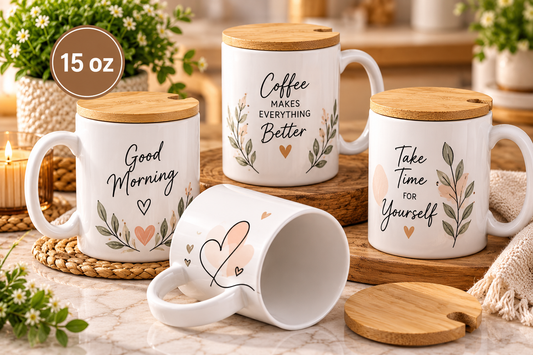 15 oz. Sublimation Ceramic Mug With Bamboo Lid and Spoon