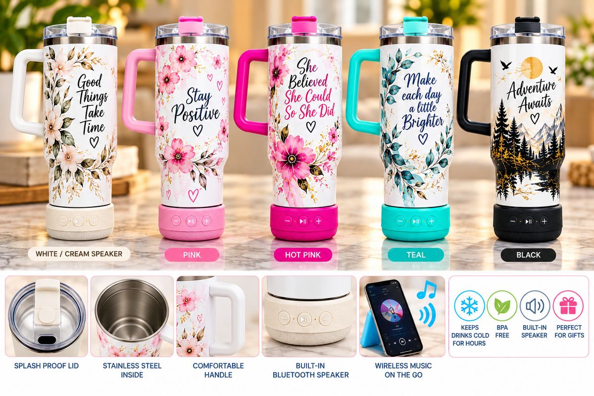 40 oz. Glossy White Stainless Steel Sublimation Tumbler with speaker