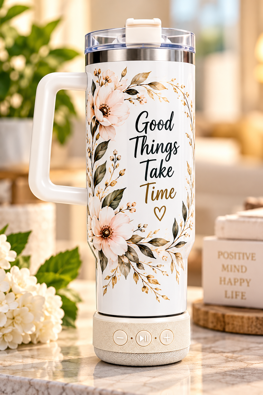 40 oz. Glossy White Stainless Steel Sublimation Tumbler with speaker