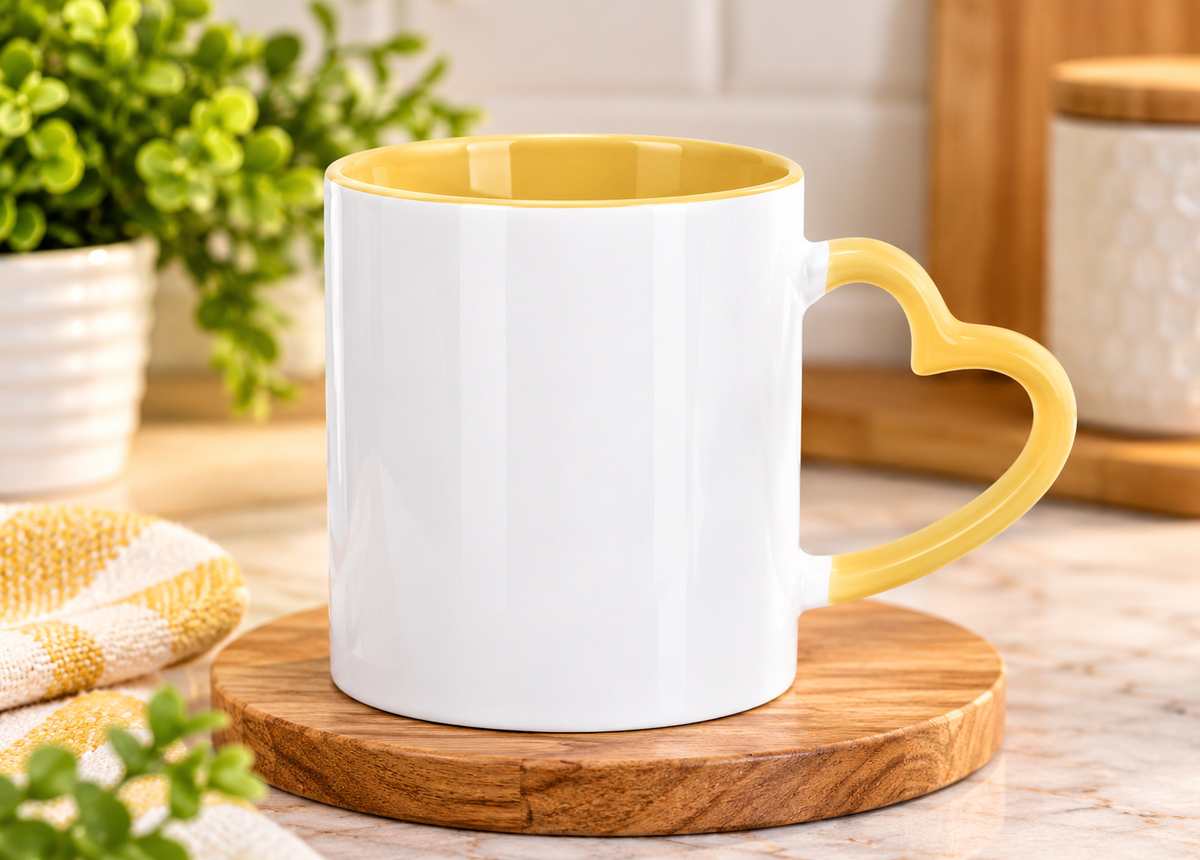 11 oz. Sublimation White Ceramic Mug with yellow handle