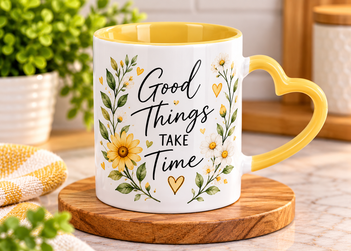 11 oz. Sublimation White Ceramic Mug with yellow handle