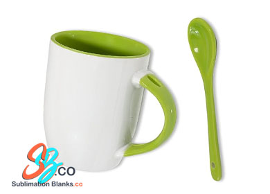 11 oz. Sublimation White ceramic Mug with Green Coloured Handle & a Spoon