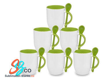 11 oz. Sublimation White ceramic Mug with Green Coloured Handle & a Spoon