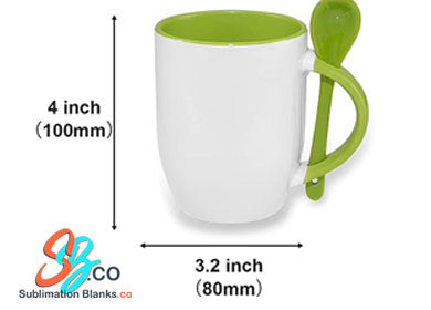 11 oz. Sublimation White ceramic Mug with Green Coloured Handle & a Spoon