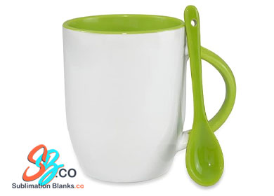 11 oz. Sublimation White ceramic Mug with Green Coloured Handle & a Spoon