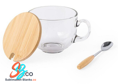 15 oz. Sublimation Breakfast Glass Cup with Bamboo Lid and a spoon