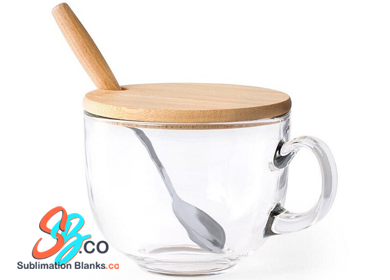 15 oz. Sublimation Breakfast Glass Cup with Bamboo Lid and a spoon