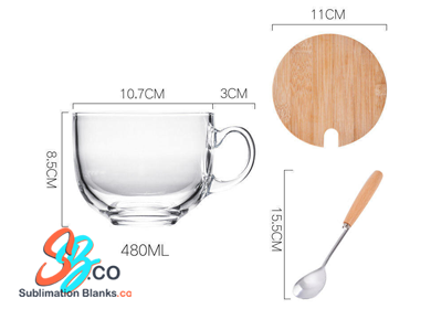 15 oz. Sublimation Breakfast Glass Cup with Bamboo Lid and a spoon