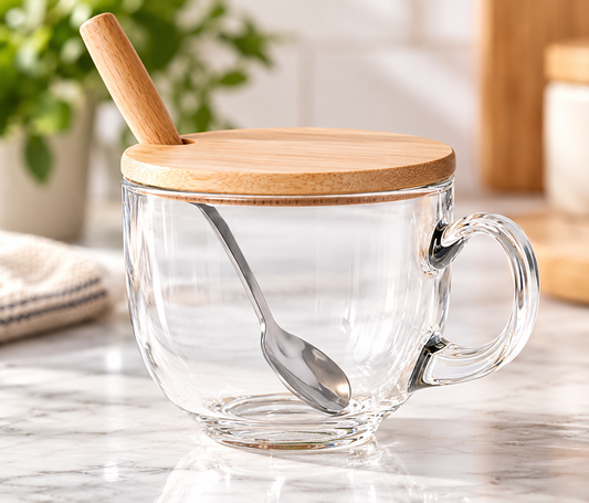 15 oz. Breakfast Glass Cup with Bamboo Lid and a spoon