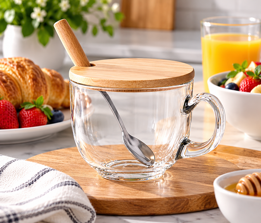 15 oz. Breakfast Glass Cup with Bamboo Lid and a spoon