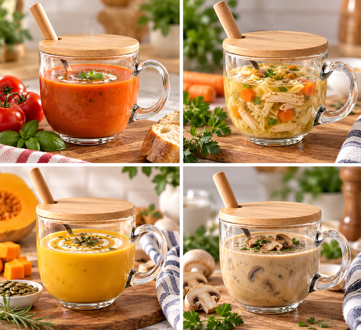 15 oz. Breakfast Glass Cup with Bamboo Lid and a spoon