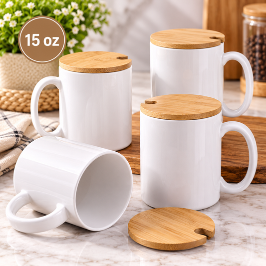 15 oz. Sublimation Ceramic Mug With Bamboo Lid and Spoon