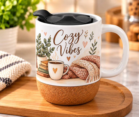 15 oz. Sublimation Ceramic Mug with Insulated Cork Bottom and Splash Proof Lid