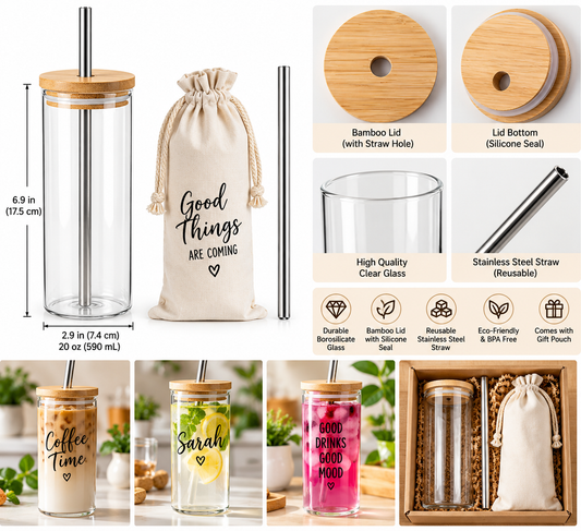 Straw Glass Bubble Tea Tumbler with Bamboo Lid
