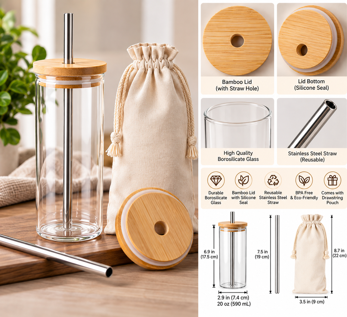 Straw Glass Bubble Tea Tumbler with Bamboo Lid
