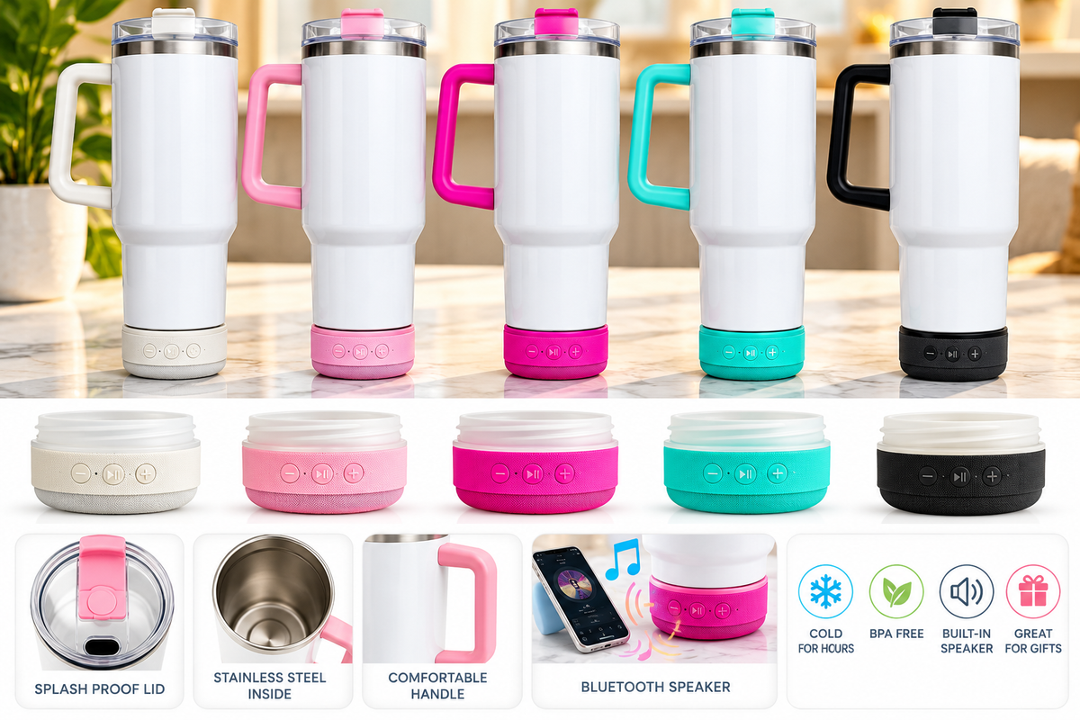 40 oz. Glossy White Stainless Steel Sublimation Tumbler with speaker