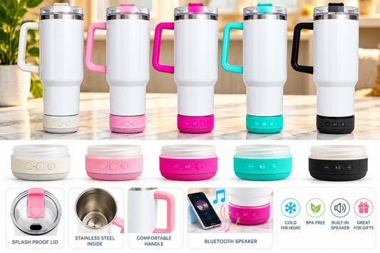 40 oz. Glossy White Stainless Steel Sublimation Tumbler with speaker
