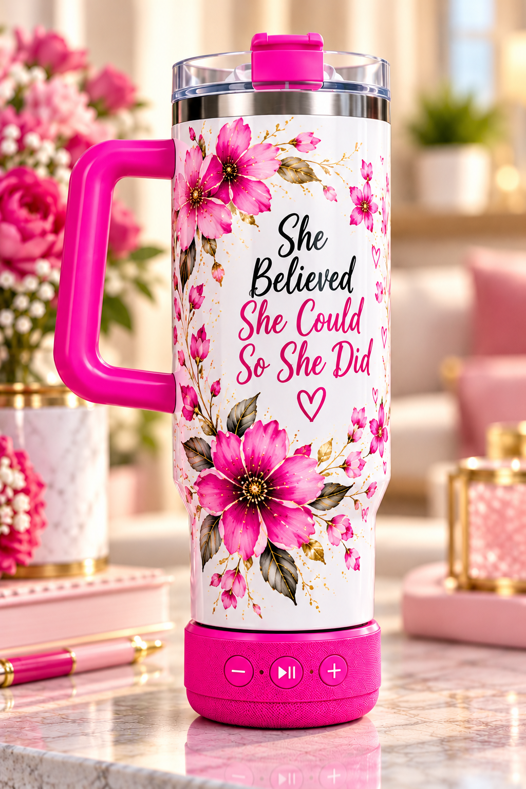 40 oz. Glossy White Stainless Steel Sublimation Tumbler with speaker