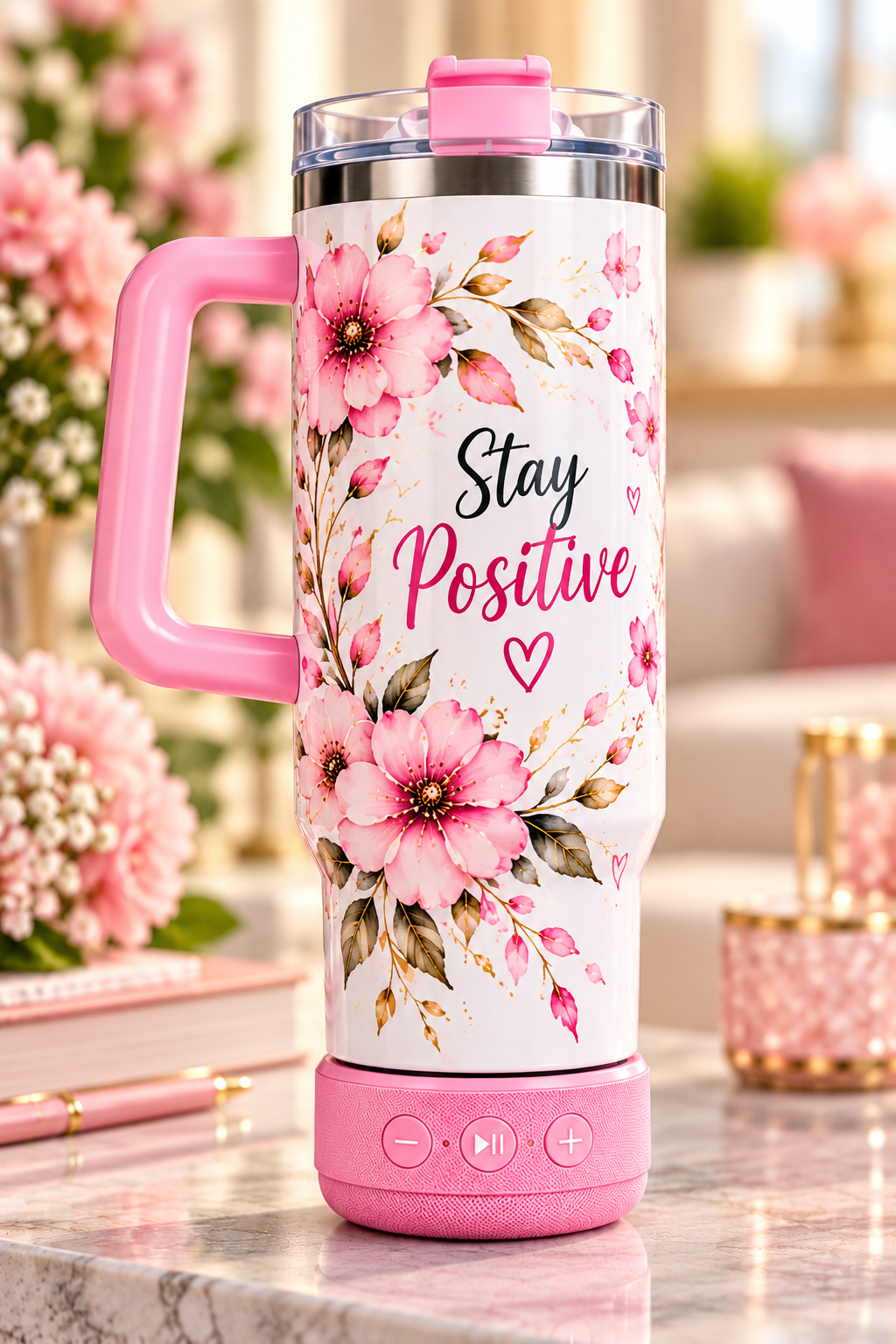 40 oz. Glossy White Stainless Steel Sublimation Tumbler with speaker